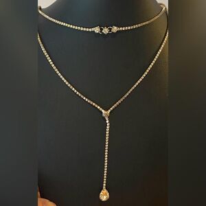 Silver Tone Rhinestone Y Drop Tennis Necklace Teardrop Pendant  Women’s 16”